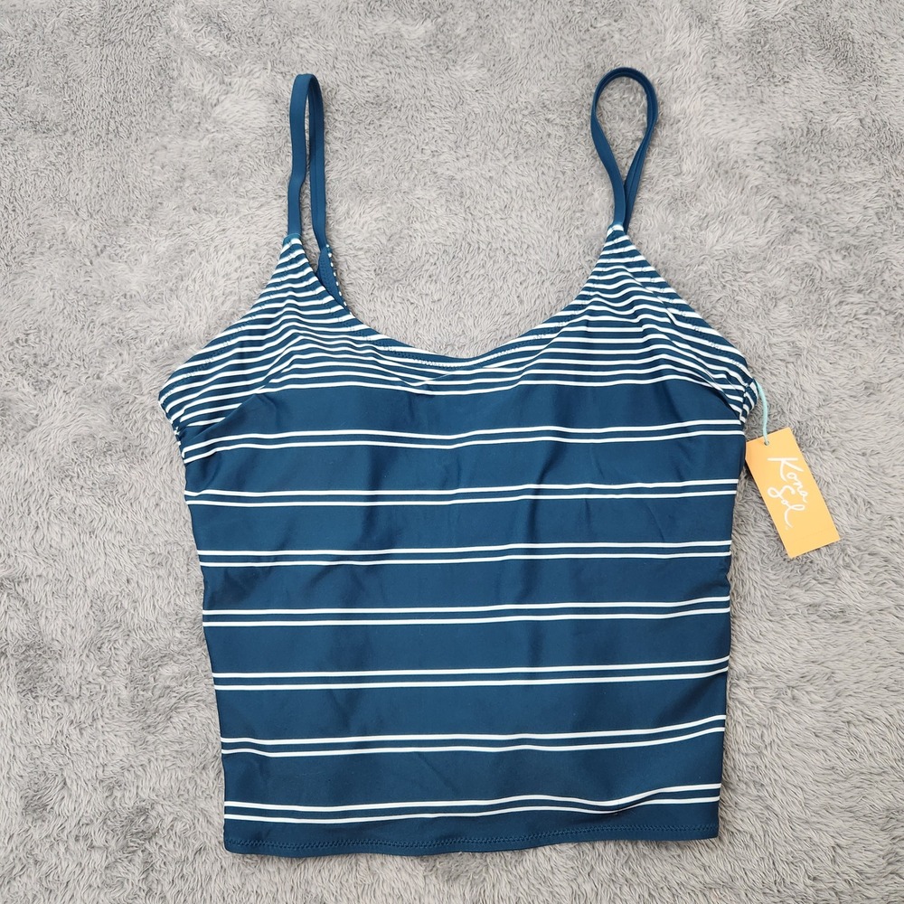 Kona Sol Tankini Top‎ Womens L Teal Blue White Striped Scoop Neck Swimwear NEW